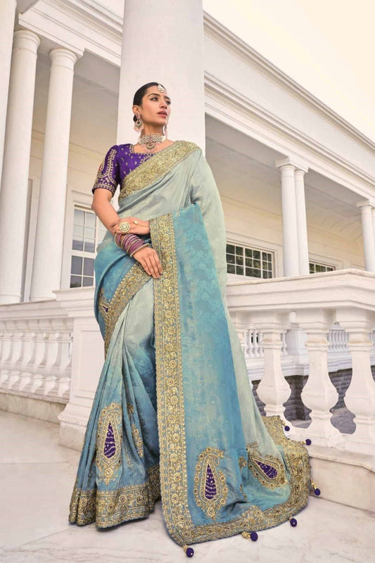 Aqua Blue Banarasi Silk Saree with Heavy Embroidered Border - Mangaldeep NX