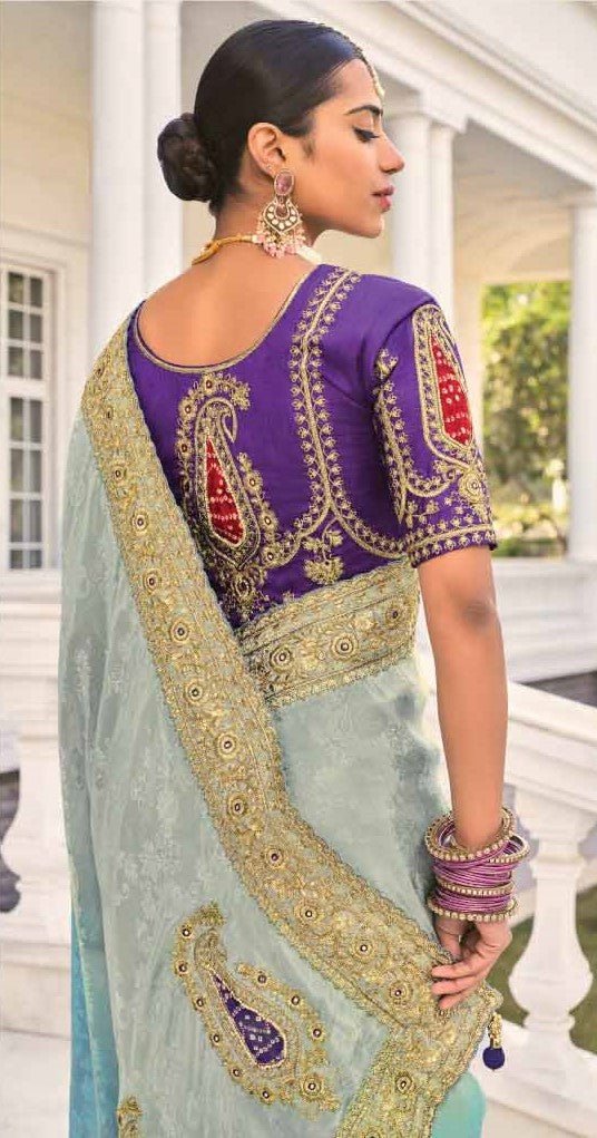 Aqua Blue Banarasi Silk Saree with Heavy Embroidered Border - Mangaldeep NX