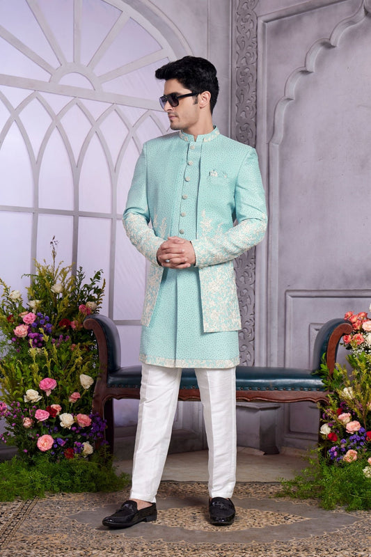 Aqua Blue Embroidered Indo Western for Men - Mangaldeep NX