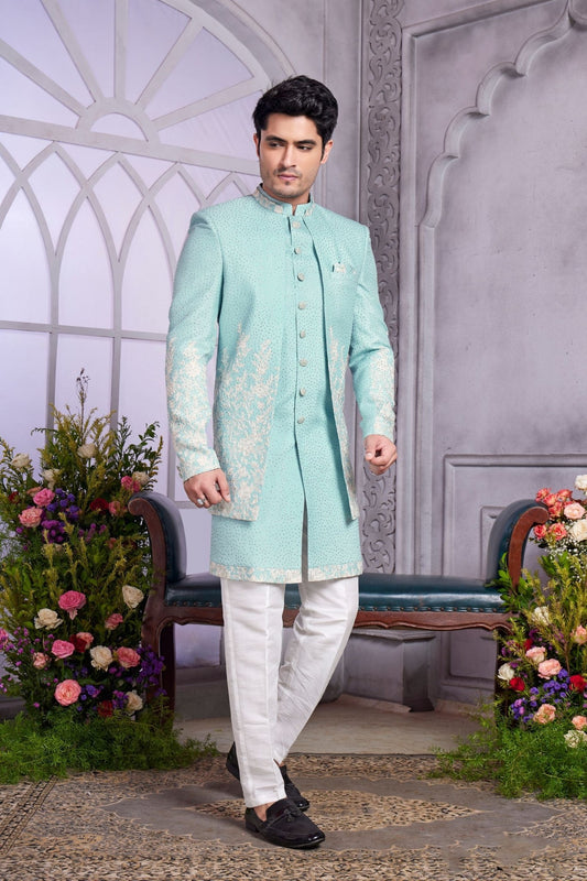 Aqua Blue Embroidered Indo Western for Men - Mangaldeep NX