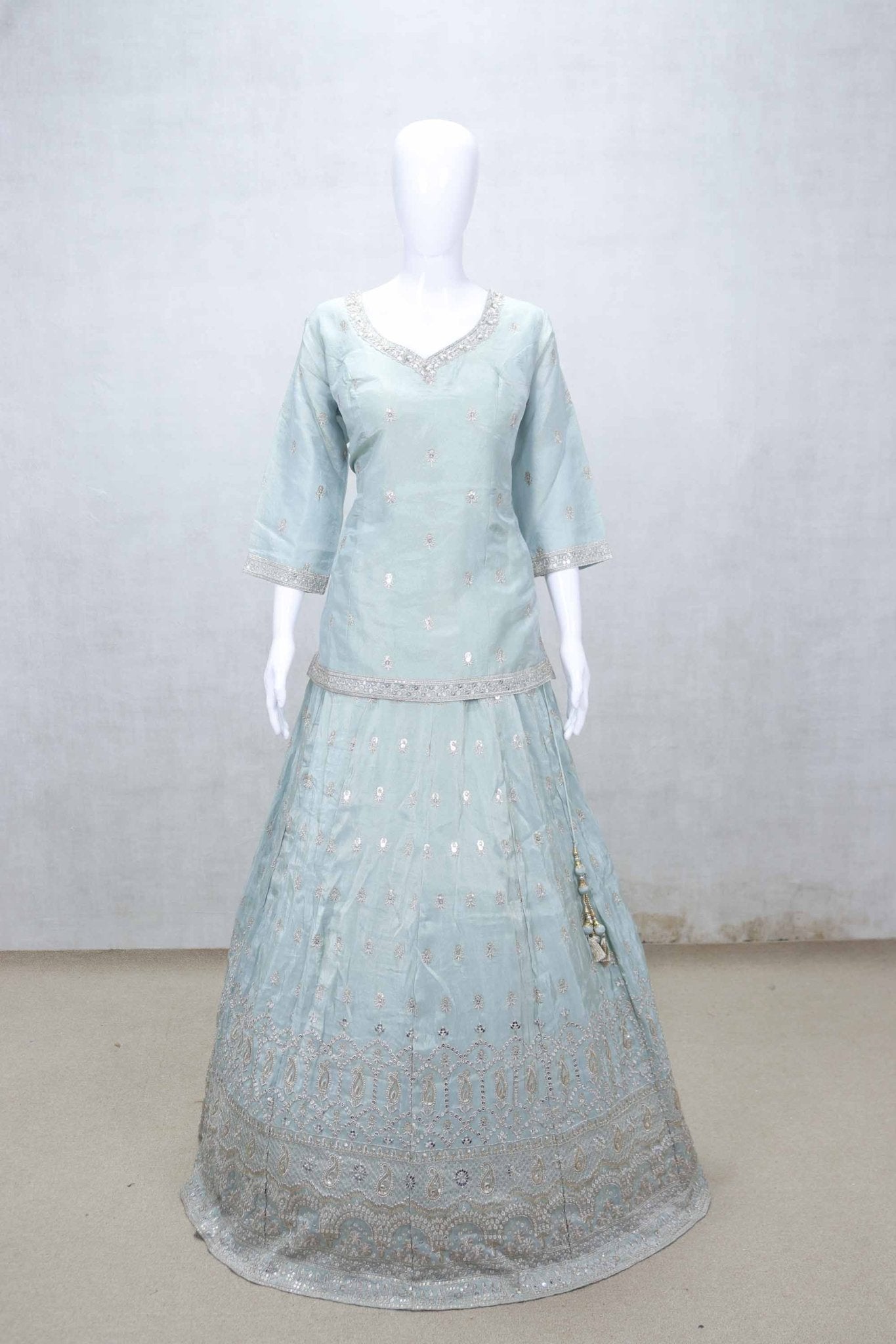 Aqua Blue Embroidered Lehenga Choli with Mirror and Sequin Work and Scalloped Zari Border - Mangaldeep NX