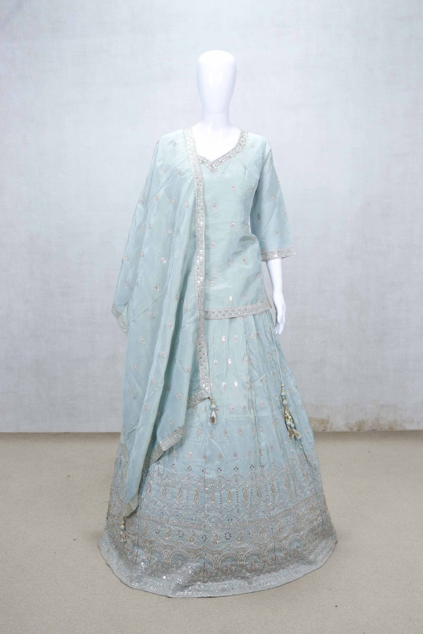 Aqua Blue Embroidered Lehenga Choli with Mirror and Sequin Work and Scalloped Zari Border - Mangaldeep NX