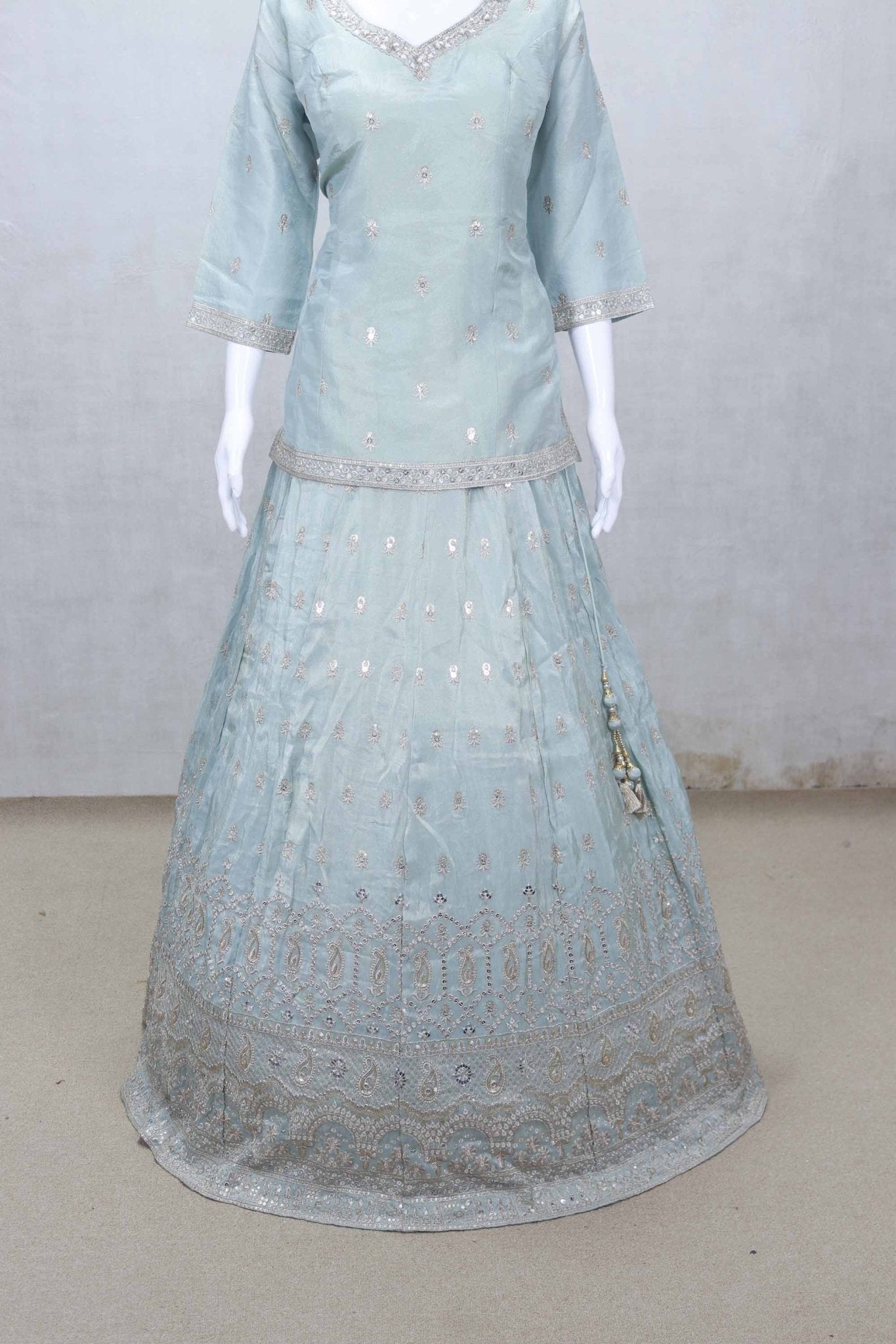 Aqua Blue Embroidered Lehenga Choli with Mirror and Sequin Work and Scalloped Zari Border - Mangaldeep NX
