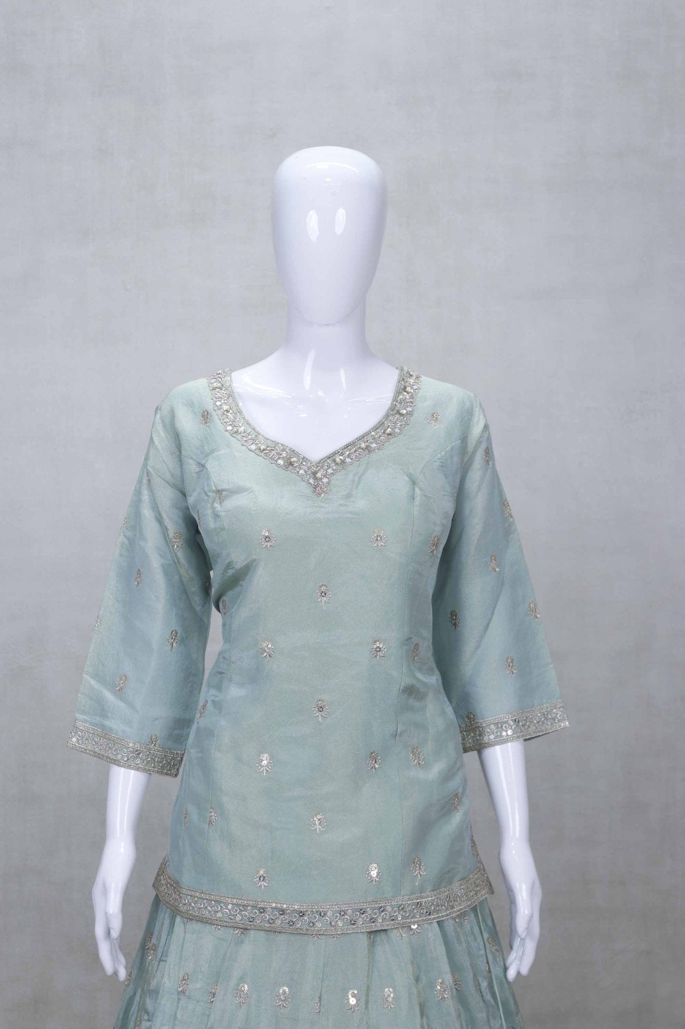 Aqua Blue Embroidered Lehenga Choli with Mirror and Sequin Work and Scalloped Zari Border - Mangaldeep NX