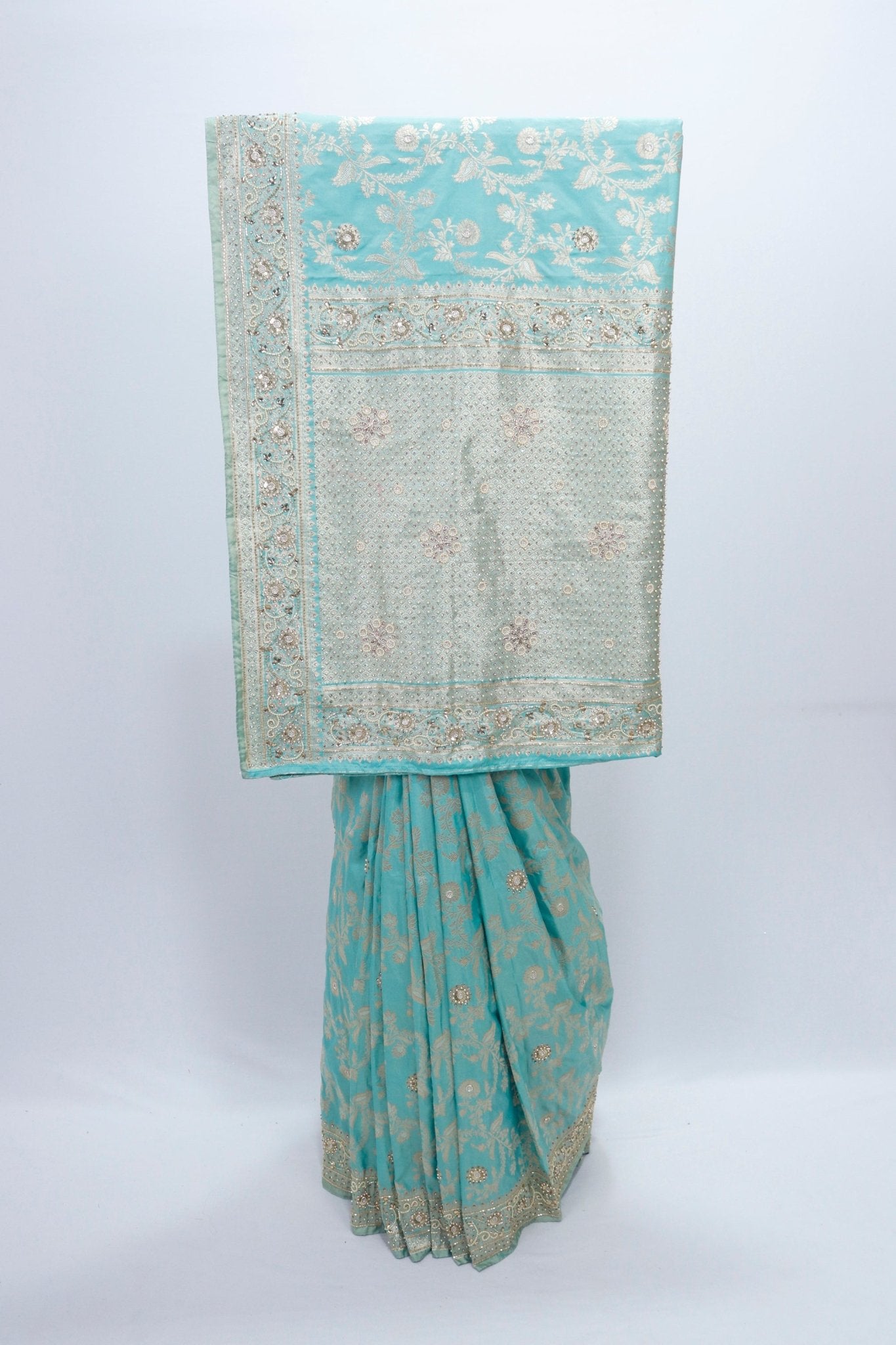 Aqua Blue Embroidered Net Saree with Sequin, Mirror, and Zari Work and Heavy Pallu - Mangaldeep NX