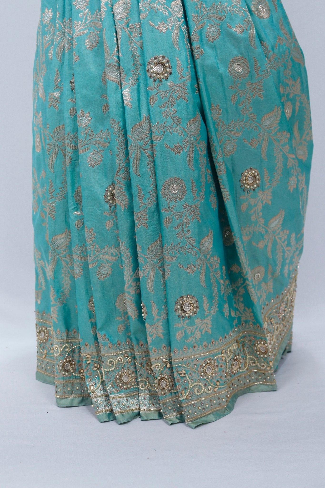 Aqua Blue Embroidered Net Saree with Sequin, Mirror, and Zari Work and Heavy Pallu - Mangaldeep NX