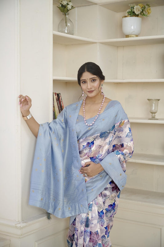 Aqua Blue Linen Silk Saree with Pastel Floral Print and Subtle Zari Accents - Mangaldeep NX