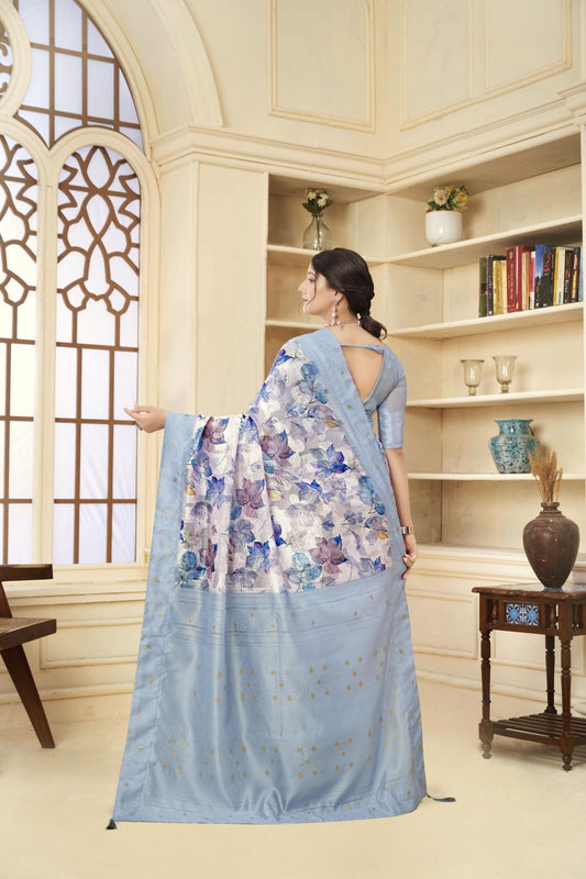 Aqua Blue Linen Silk Saree with Pastel Floral Print and Subtle Zari Accents - Mangaldeep NX