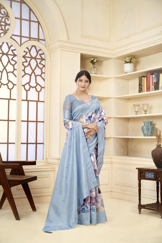 Aqua Blue Linen Silk Saree with Pastel Floral Print and Subtle Zari Accents - Mangaldeep NX