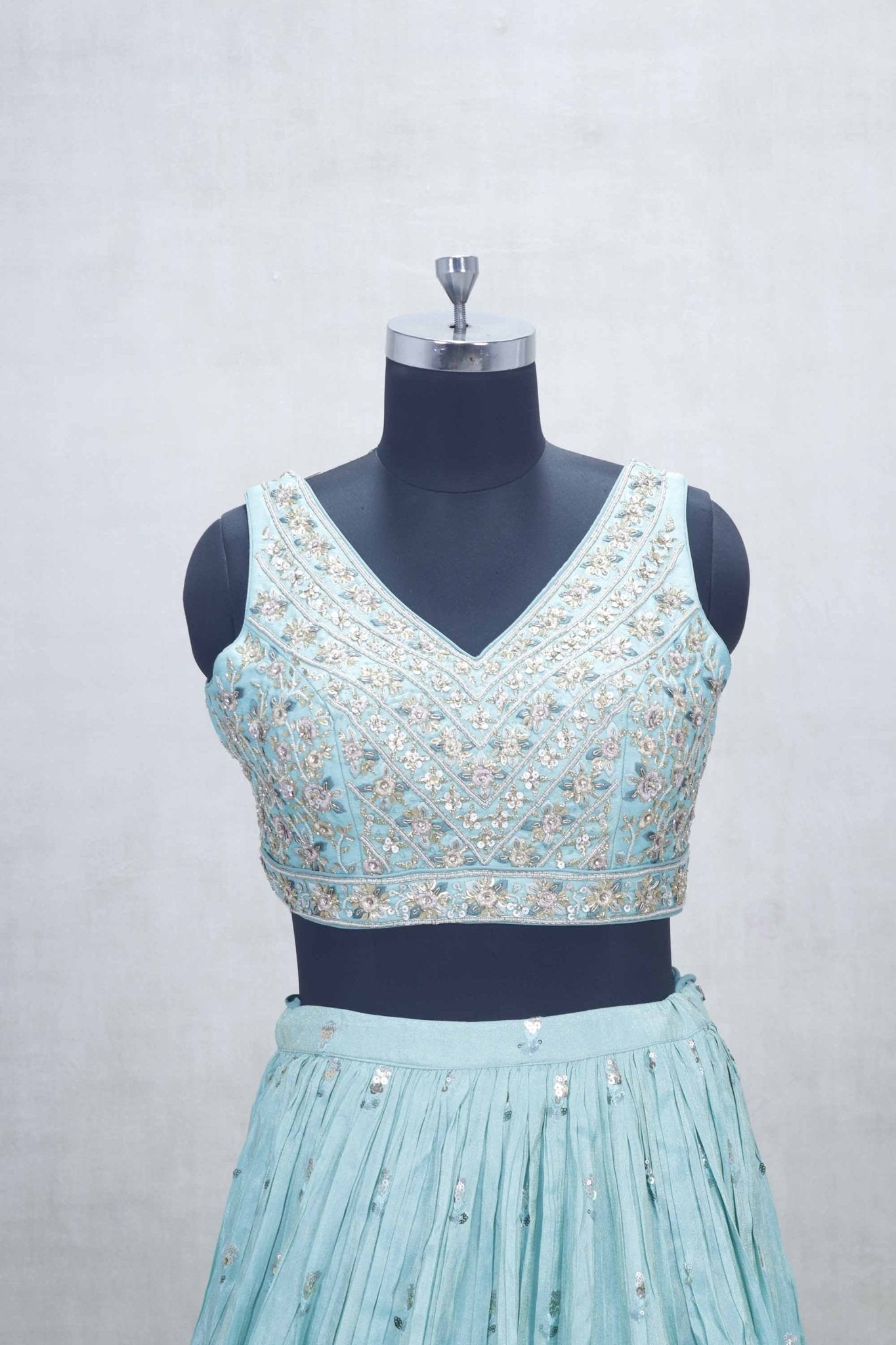 Aqua Blue Mirror Embroidered Lehenga Choli with Scallop Hem and Gota Patti Dupatta - Mangaldeep NX