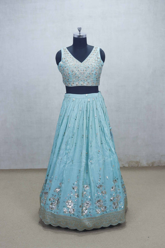 Aqua Blue Mirror Embroidered Lehenga Choli with Scallop Hem and Gota Patti Dupatta - Mangaldeep NX