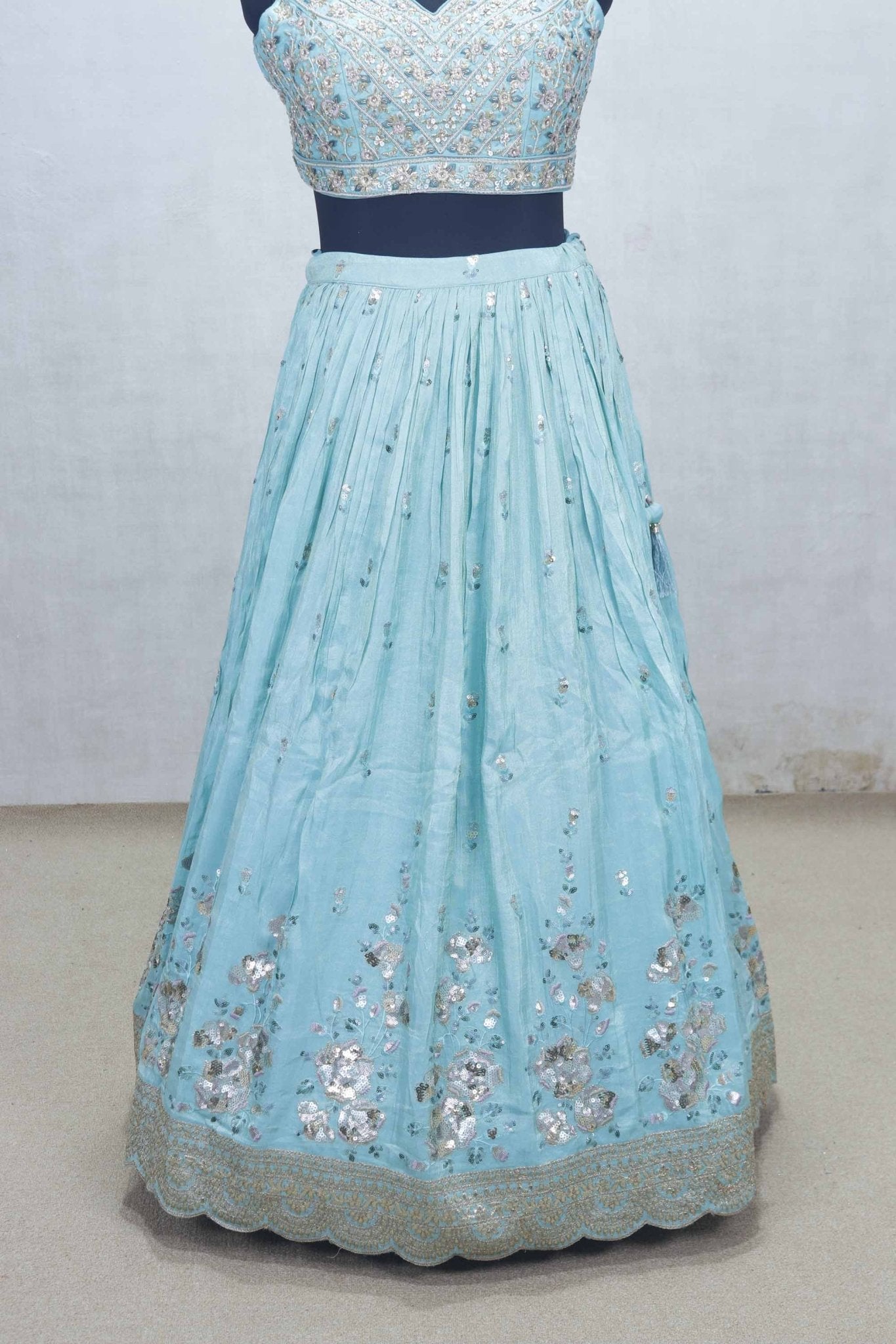 Aqua Blue Mirror Embroidered Lehenga Choli with Scallop Hem and Gota Patti Dupatta - Mangaldeep NX