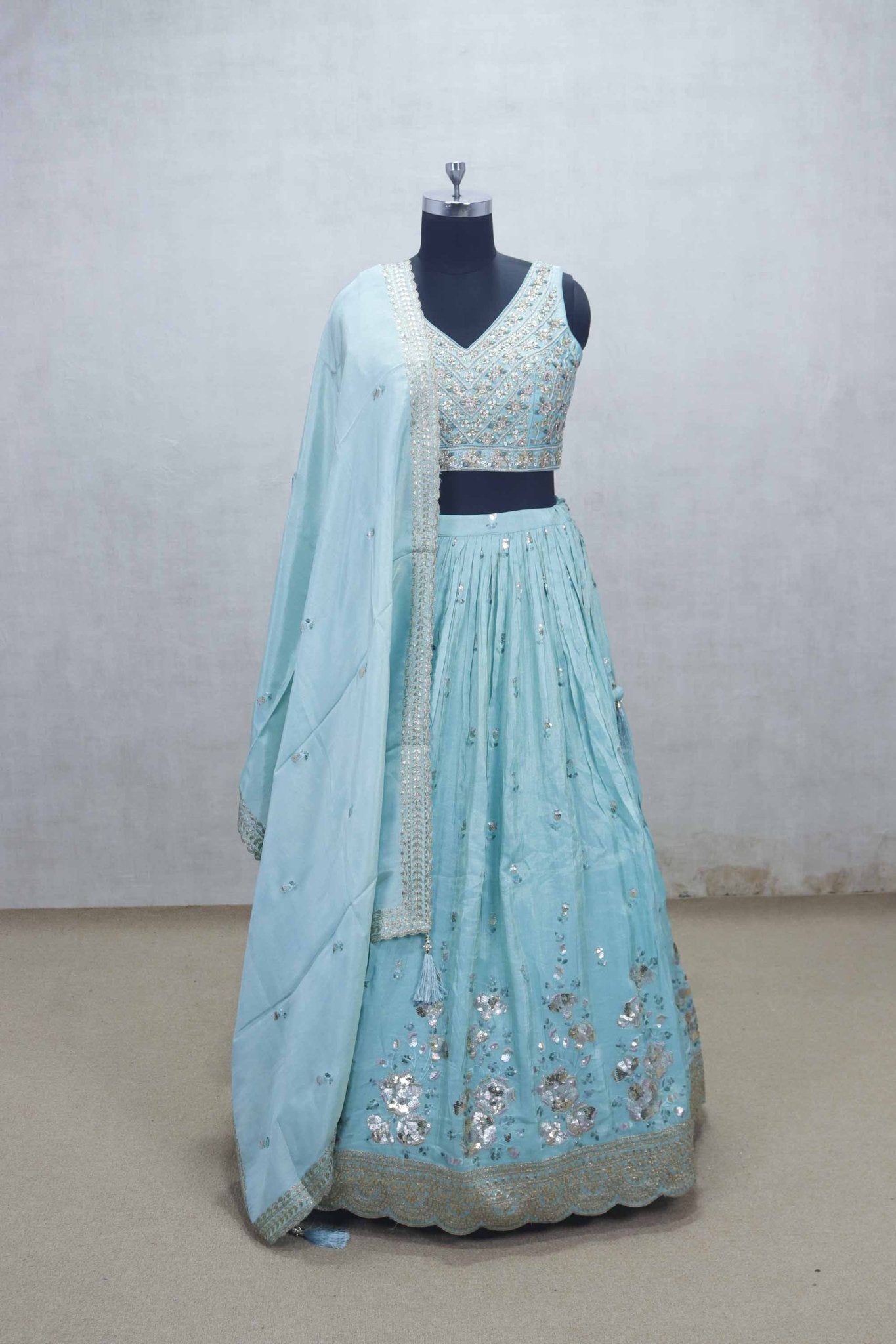 Aqua Blue Mirror Embroidered Lehenga Choli with Scallop Hem and Gota Patti Dupatta - Mangaldeep NX