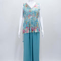 Aqua Blue Sleeveless Floral Printed Peplum Kurta Set with Flared Palazzo Pants - Mangaldeep NX