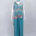 Aqua Blue Sleeveless Floral Printed Peplum Kurta Set with Flared Palazzo Pants - Mangaldeep NX