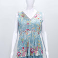 Aqua Blue Sleeveless Floral Printed Peplum Kurta Set with Flared Palazzo Pants - Mangaldeep NX