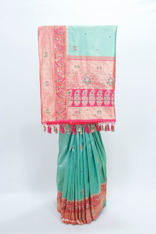Aqua Green and Peach Banarasi Silk Saree Traditional Saree for Wedding Festive Wear - Mangaldeep NX