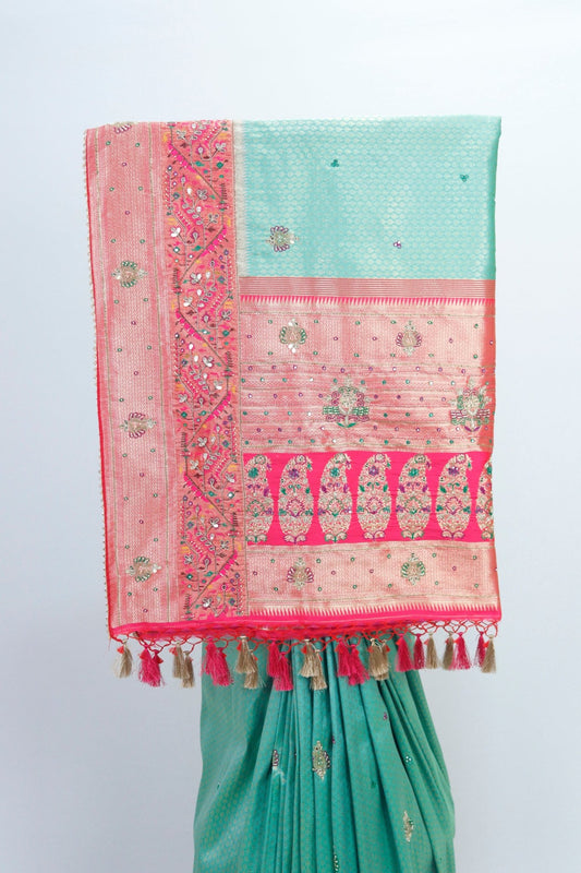 Aqua Green and Peach Banarasi Silk Saree Traditional Saree for Wedding Festive Wear - Mangaldeep NX