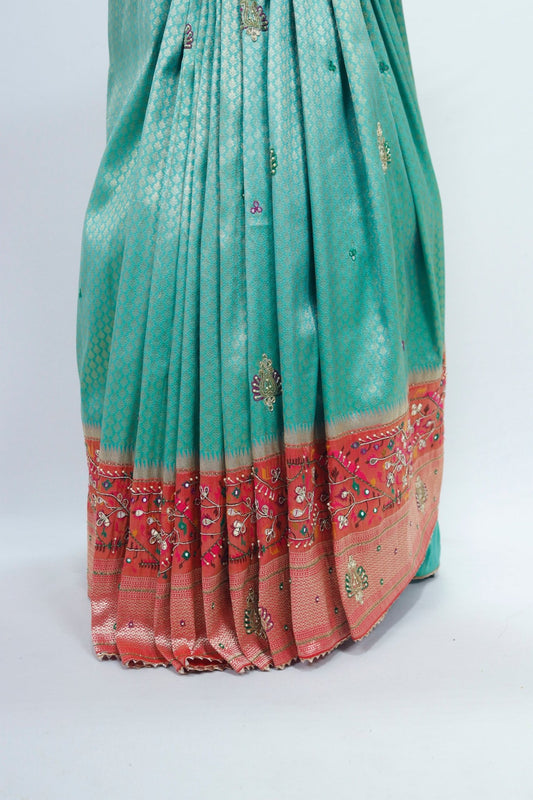 Aqua Green and Peach Banarasi Silk Saree Traditional Saree for Wedding Festive Wear - Mangaldeep NX