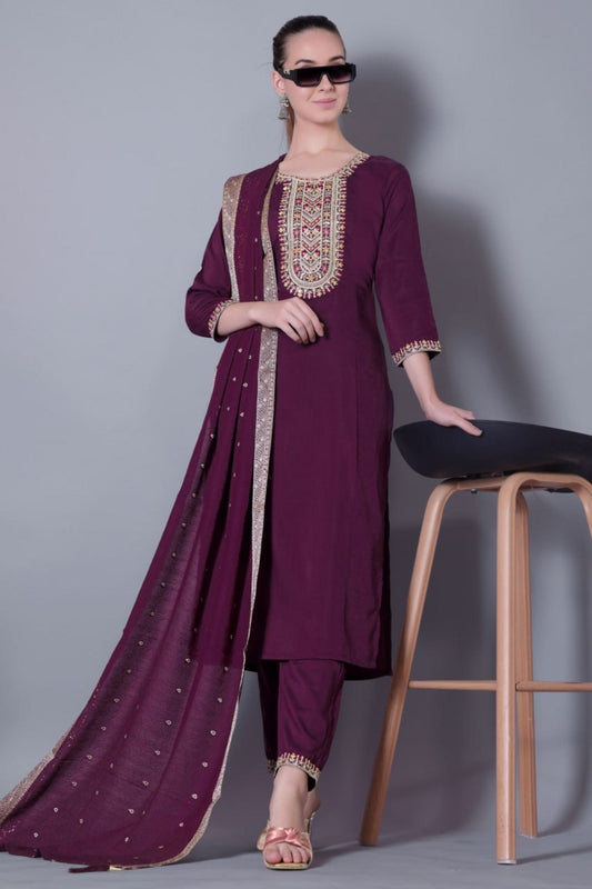 Astonishing Wine Embroidered Pant Style Salwar Suit - Mangaldeep NX