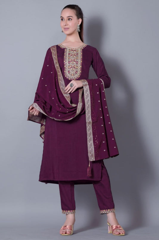 Astonishing Wine Embroidered Pant Style Salwar Suit - Mangaldeep NX