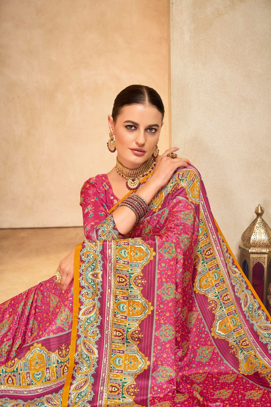 Awesome Pink and Orange Bandhani Printed Saree with Traditional Motifs - Mangaldeep NX