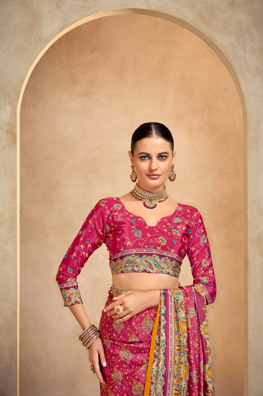 Awesome Pink and Orange Bandhani Printed Saree with Traditional Motifs - Mangaldeep NX