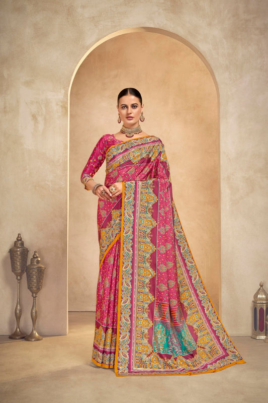 Awesome Pink and Orange Bandhani Printed Saree with Traditional Motifs - Mangaldeep NX