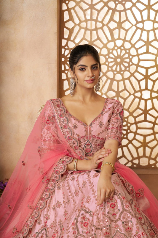 Baby Pink Embroidered Bridal Lehenga Choli Set with Net Dupatta - Mangaldeep NX
