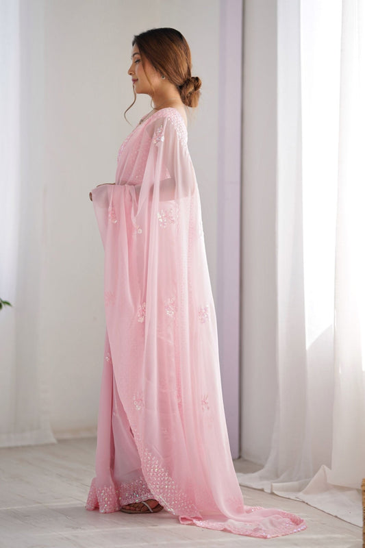 Baby Pink Georgette Saree with Sequin Embellishments and Designer Blouse - Mangaldeep NX