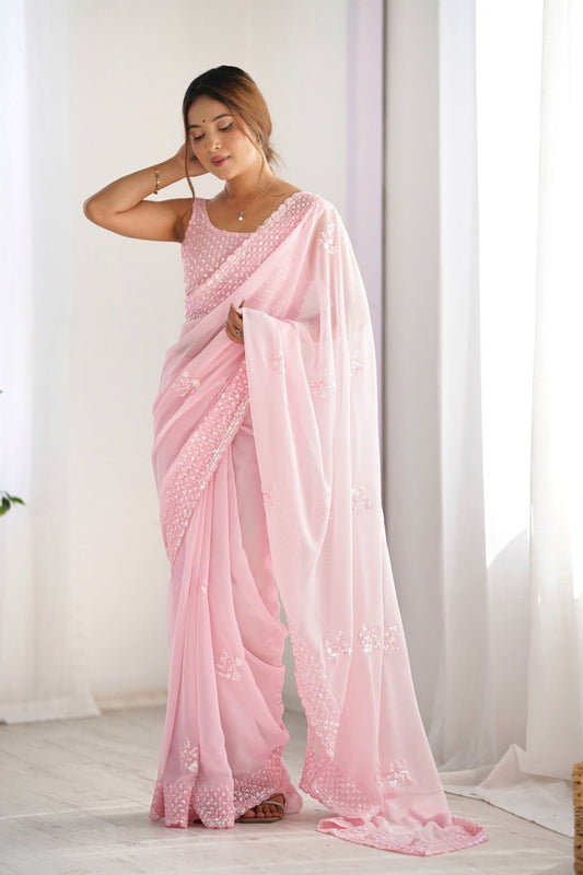 Baby Pink Georgette Saree with Sequin Embellishments and Designer Blouse - Mangaldeep NX
