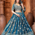 Banarasi Tissue Pleated Teal Blue Lehenga with Floral Woven Motifs - Mangaldeep NX