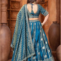 Banarasi Tissue Pleated Teal Blue Lehenga with Floral Woven Motifs - Mangaldeep NX