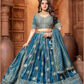 Banarasi Tissue Pleated Teal Blue Lehenga with Floral Woven Motifs - Mangaldeep NX