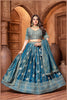 Banarasi Tissue Pleated Teal Blue Lehenga with Floral Woven Motifs - Mangaldeep NX