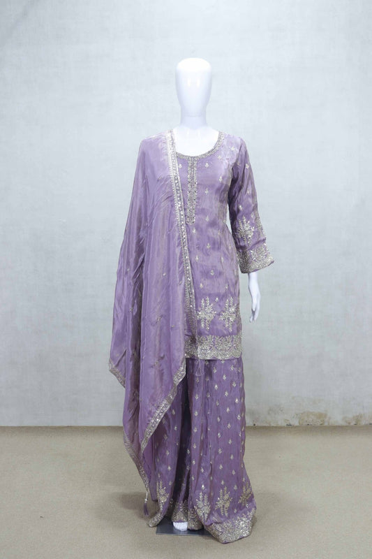 Beautiful Lavender Embroidered Kurti Style Sharara Set with Dupatta - Mangaldeep NX