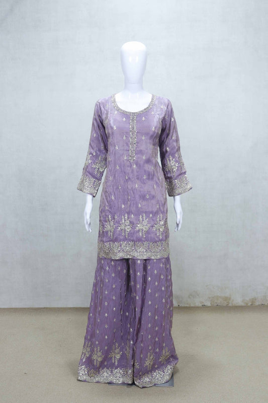 Beautiful Lavender Embroidered Kurti Style Sharara Set with Dupatta - Mangaldeep NX