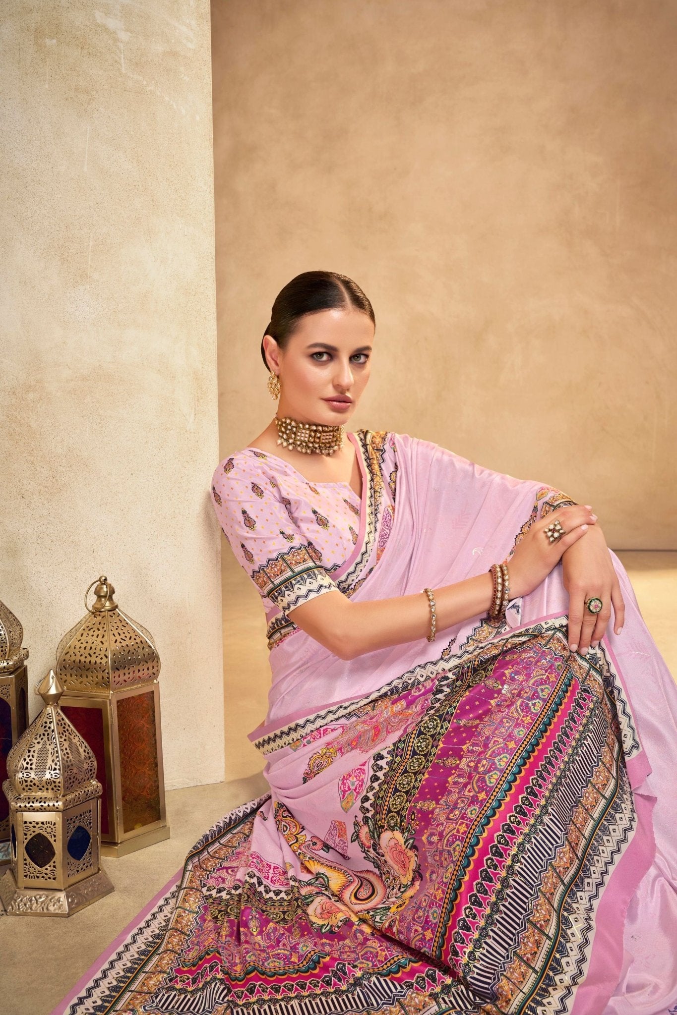 Beautiful Light Pink Crepe Silk Saree with Intricate Printed Border and Paisley Motifs - Mangaldeep NX