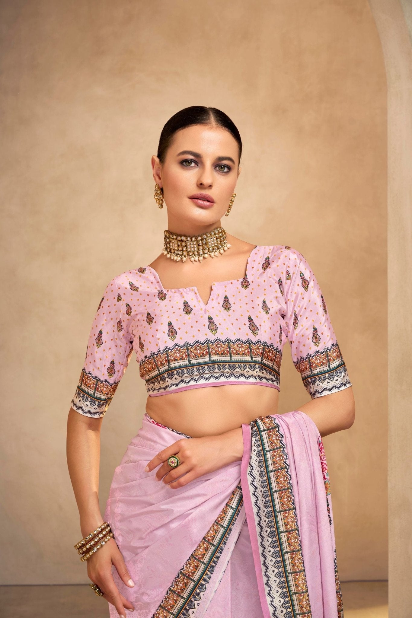 Beautiful Light Pink Crepe Silk Saree with Intricate Printed Border and Paisley Motifs - Mangaldeep NX
