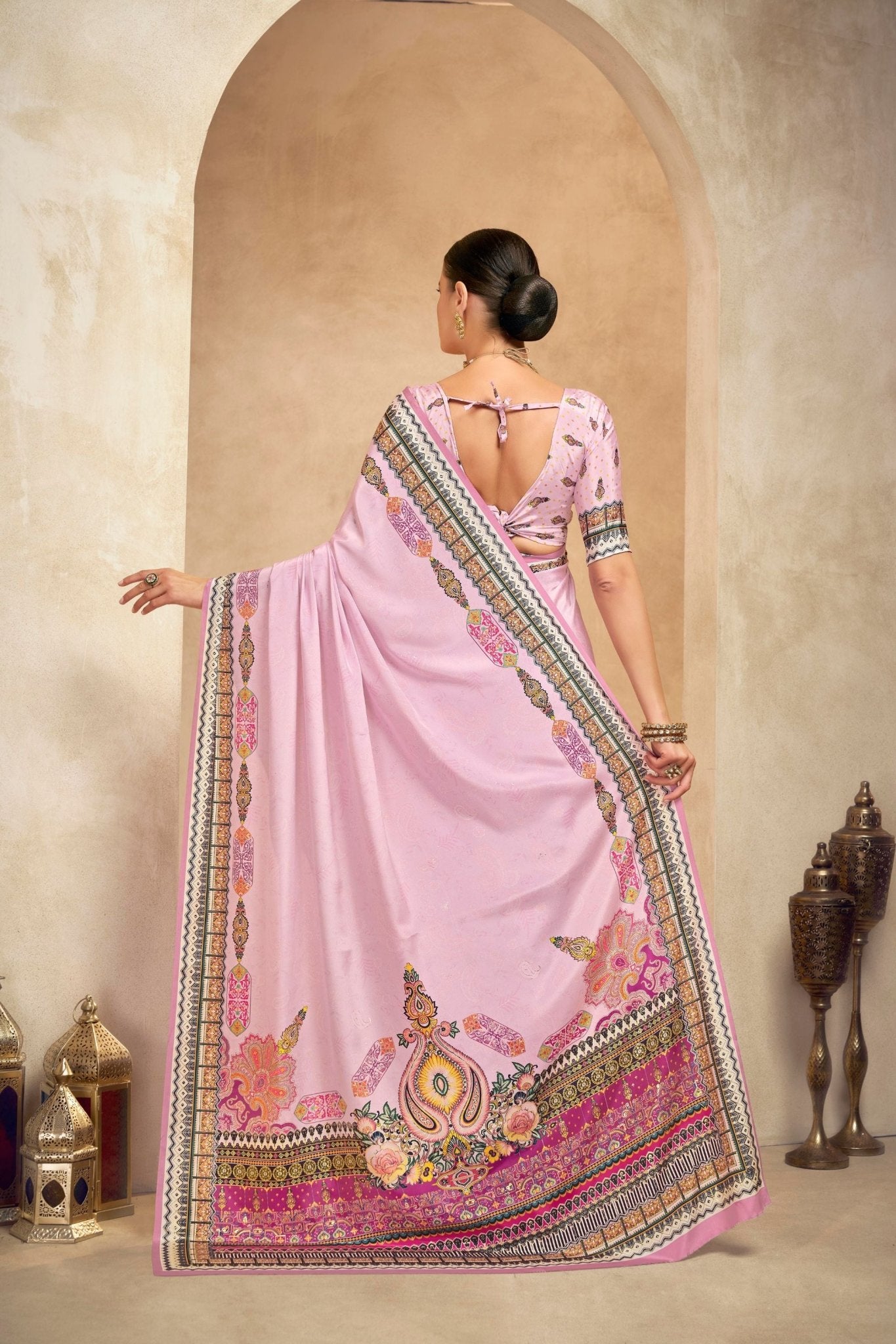 Beautiful Light Pink Crepe Silk Saree with Intricate Printed Border and Paisley Motifs - Mangaldeep NX