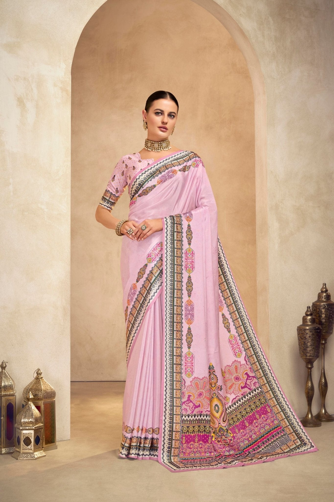 Beautiful Light Pink Crepe Silk Saree with Intricate Printed Border and Paisley Motifs - Mangaldeep NX