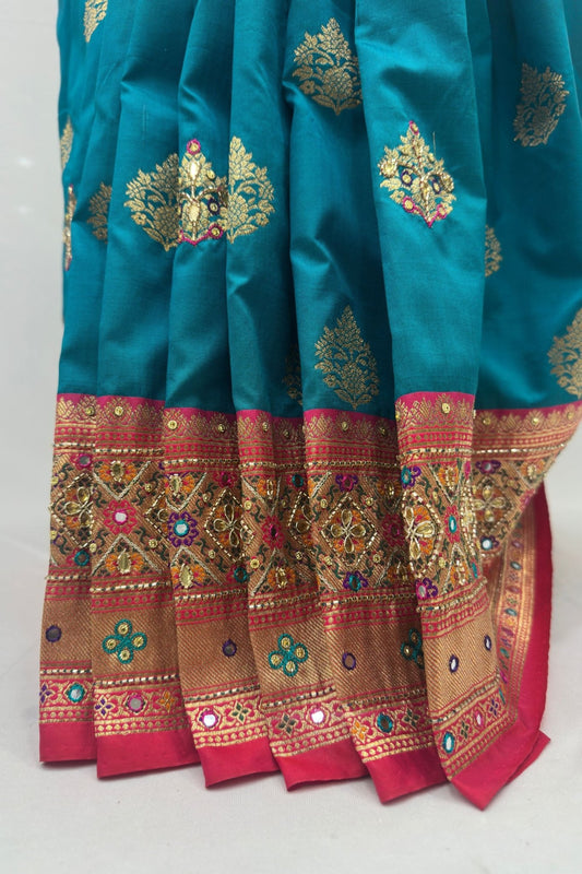 Beautiful Peacock Blue Banarasi Silk Saree - Mangaldeep NX