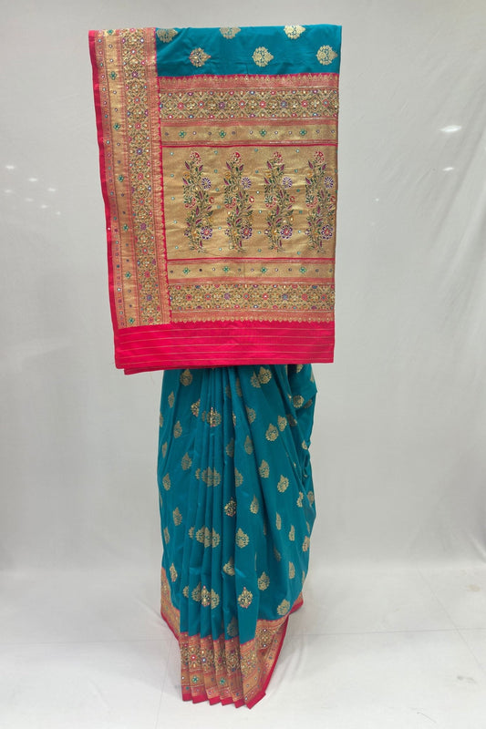Beautiful Peacock Blue Banarasi Silk Saree - Mangaldeep NX