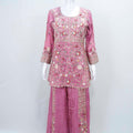 Beautiful Pink Floral Embroidered Silk Kurta Sharara Set with Ruffled Dupatta - Mangaldeep NX