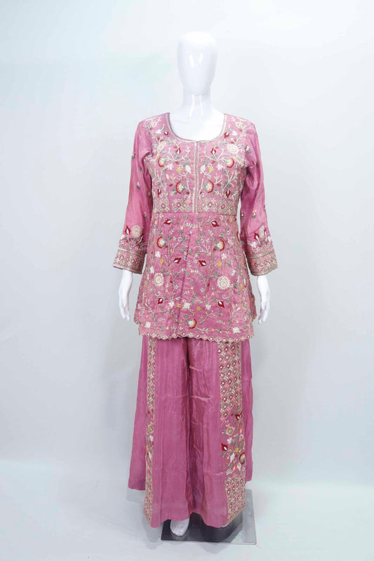 Beautiful Pink Floral Embroidered Silk Kurta Sharara Set with Ruffled Dupatta - Mangaldeep NX