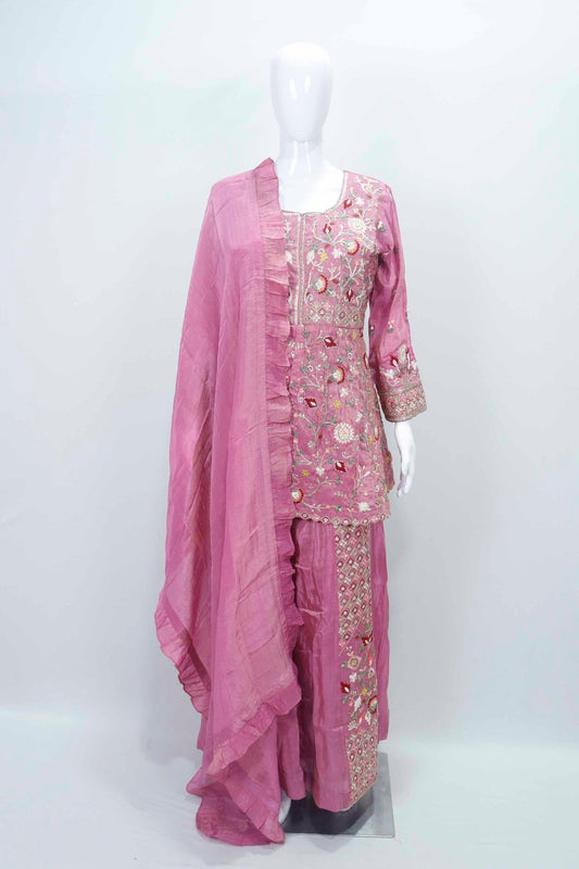 Beautiful Pink Floral Embroidered Silk Kurta Sharara Set with Ruffled Dupatta - Mangaldeep NX