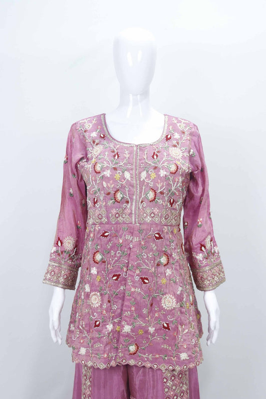 Beautiful Pink Floral Embroidered Silk Kurta Sharara Set with Ruffled Dupatta - Mangaldeep NX