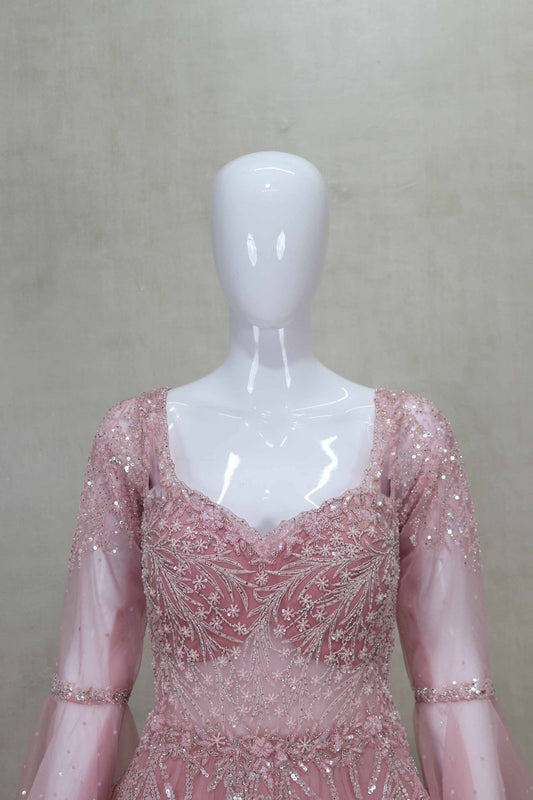 Beautiful Pink Full Sleeve Party Gown with Sequin Embroidery - Mangaldeep NX