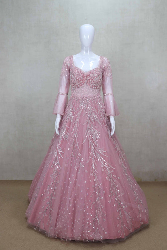 Beautiful Pink Full Sleeve Party Gown with Sequin Embroidery - Mangaldeep NX
