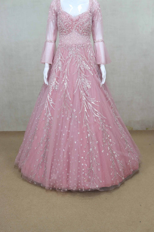 Beautiful Pink Full Sleeve Party Gown with Sequin Embroidery - Mangaldeep NX